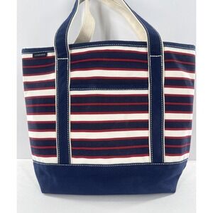 Lands End Medium Navy Ted White Striped Double Handle Canvas Tote Beach Bag